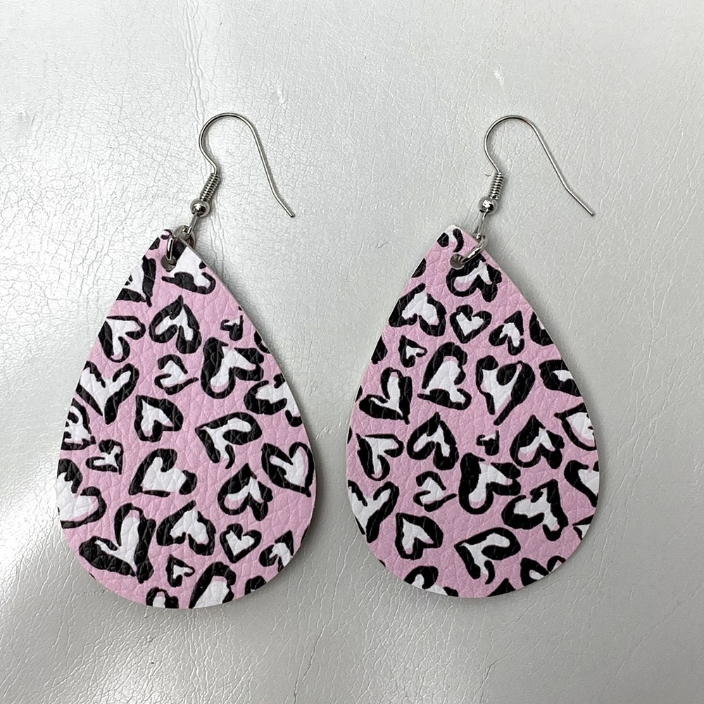 Pink Black White Hearts Earrings Faux Leather Teardrop Dangle